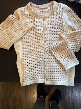 Tory Burch Cream and Light Pink Open-Weave Button Cardigan